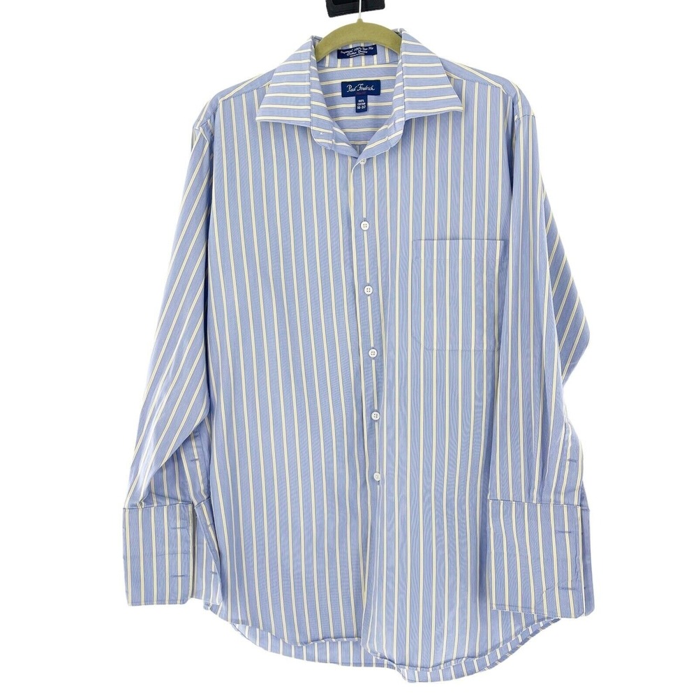 Paul Fredrick Mens Trim Fit‎ Blue & Yellow Stripe Dress Shirt 16-32 Imperial